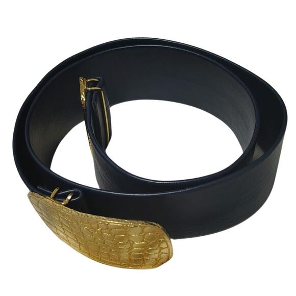 Wide Blue Leather Belt Gold Crocodile Print Huge Belt Buckle Hook Closure OS main image 3